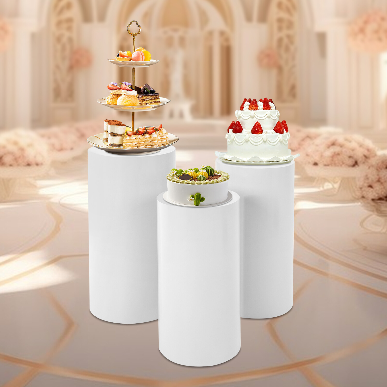 3 Pcs Round Cylinder Pedestal Stand For Wedding Party Display Stand Decor White