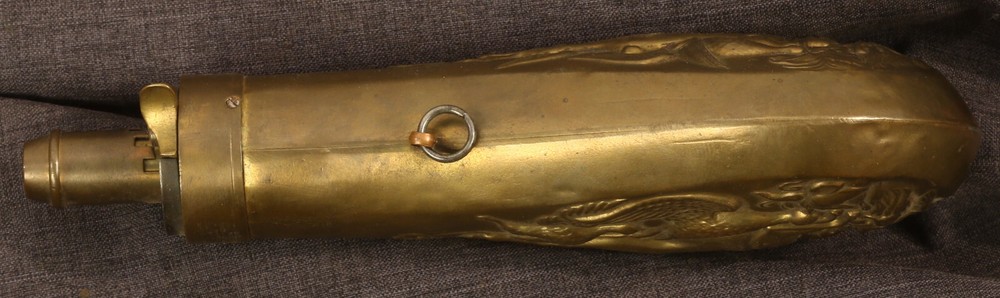 Hanging dead game embossed powder flask