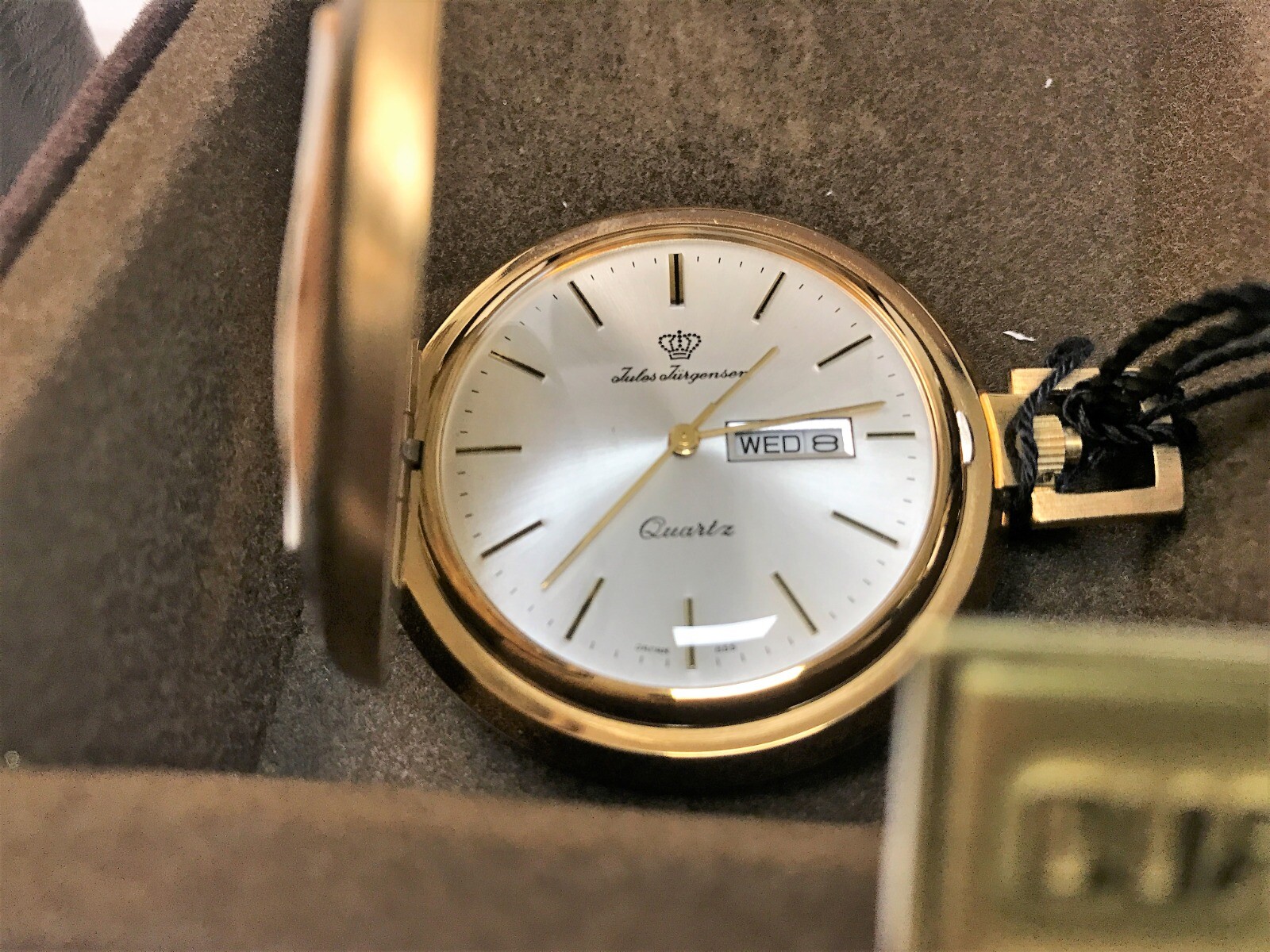 Rare NOS 1970s Jules Jurgensen Gold Tone White Dial Day Date Pocket Watch 6062Q