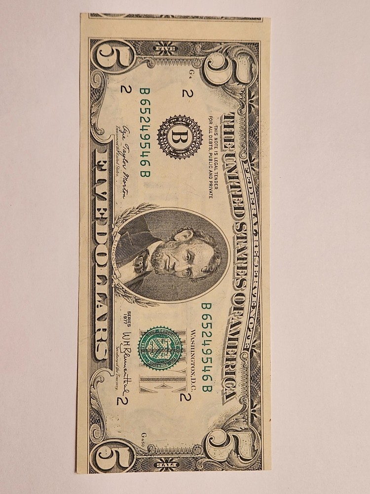 1977 $5 FRN New York MISCUT MISALIGNED OFF CENTER 3RD PRINTING ERROR NOTE FIVE $