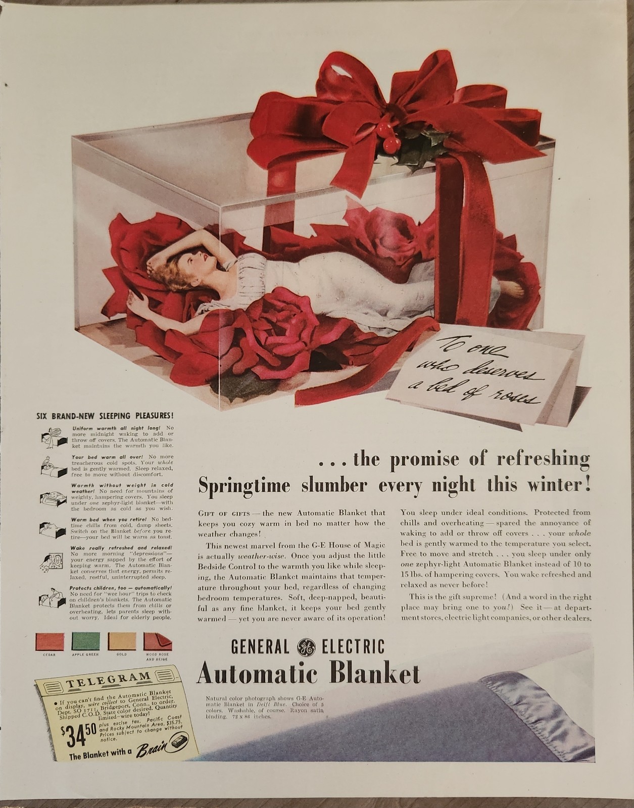 1941 General Electric Automatic Blanket Vintage Ad Springtime Slumber