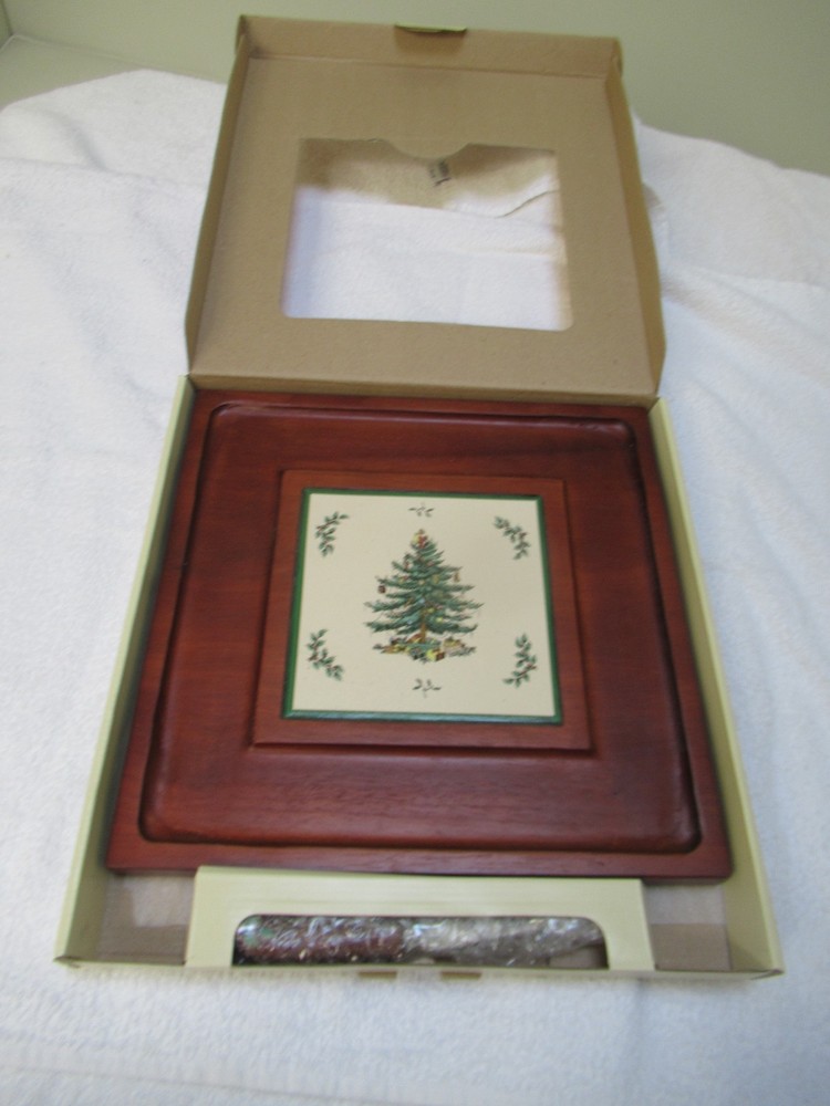 Spode Christmas tree design wooden & tile square cracker & cheese tray