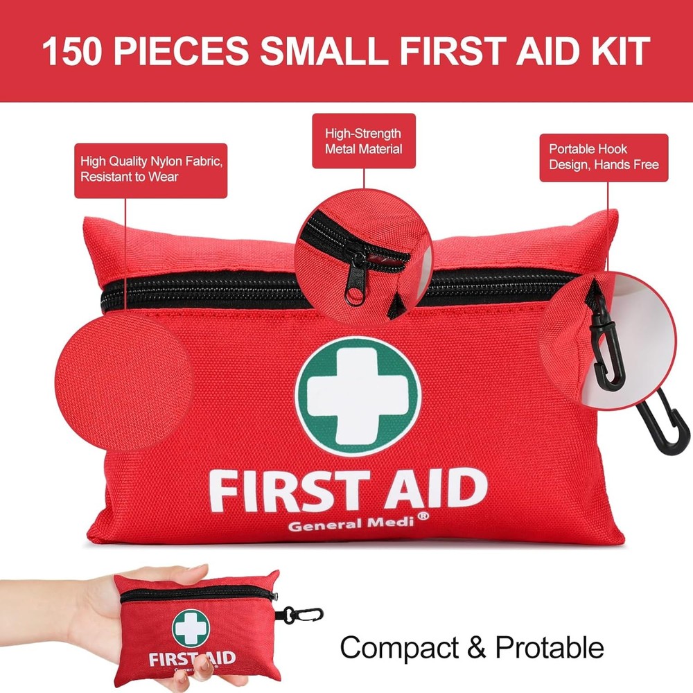 Mini First Aid Kit, 150 Piece Small First Aid Kit - Includes Emergency (Red)