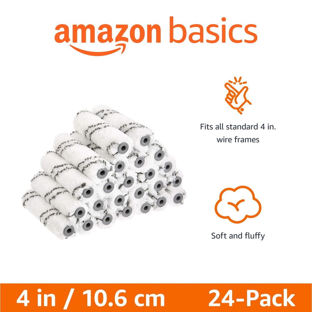 Amazon Basics Microfiber Paint Roller Covers for Smooth 24 Pack, White