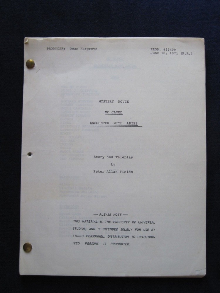ORIGINAL TV Script MCCLOUD 'ENCOUNTER WITH ARIES' Actor JAMES MCEACHIN'S Copy