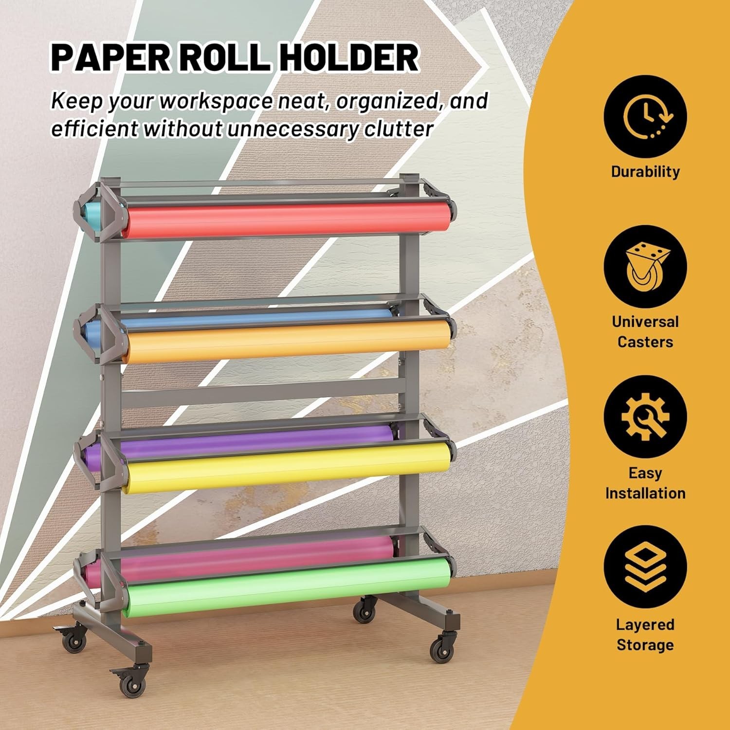 Large Paper Roll Holder Rack for 8 Roll 36" Rolls Dispenser Stand and Cutter
