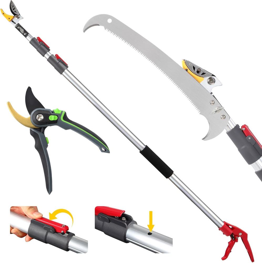 10FT Telescoping Pole Saw with Pruner, Extendable Tree Trimmer & Cut and Hold Fr