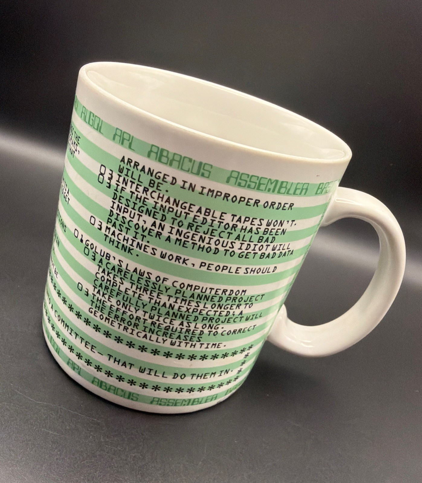 Vtg 80s Kenneth Grooms Laws Of Computer Programming 1982 Mug Printer Paper Funny