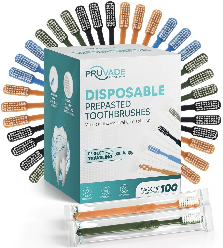 100 Pack Disposable Toothbrushes with Toothpaste, Built in - Prepasted Toothb...