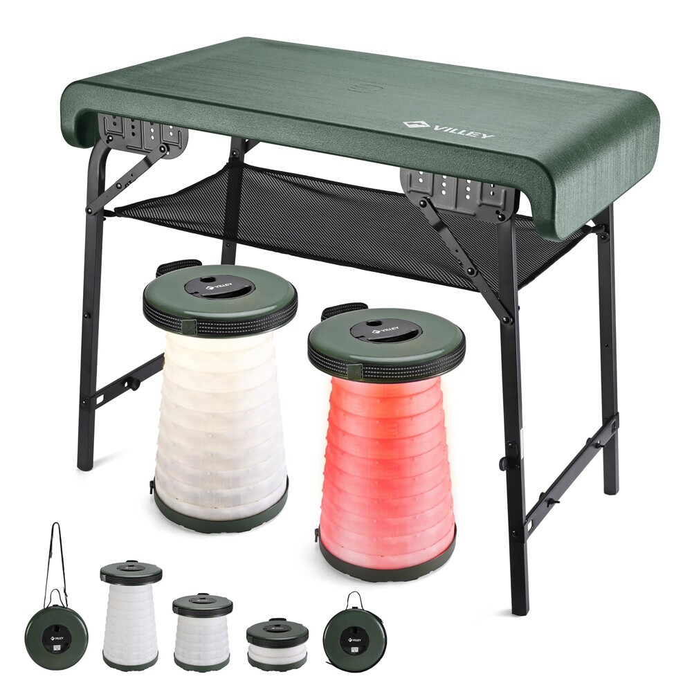 VILLEY Folding Camping Table & Stools Set Aluminum Table Legs Adjustable Stools