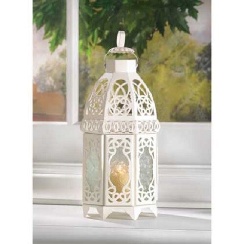 2 WHITE LATTICE LANTERNS - 12" HIGH - IRON & GLASS