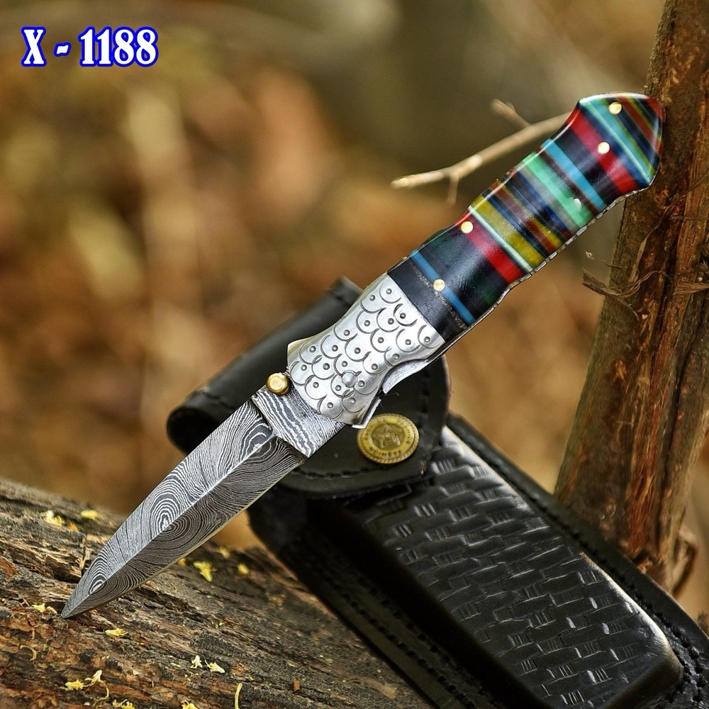Handmade Damascus Double Edge Dagger Folding Blade Pocket Knife - Tactical