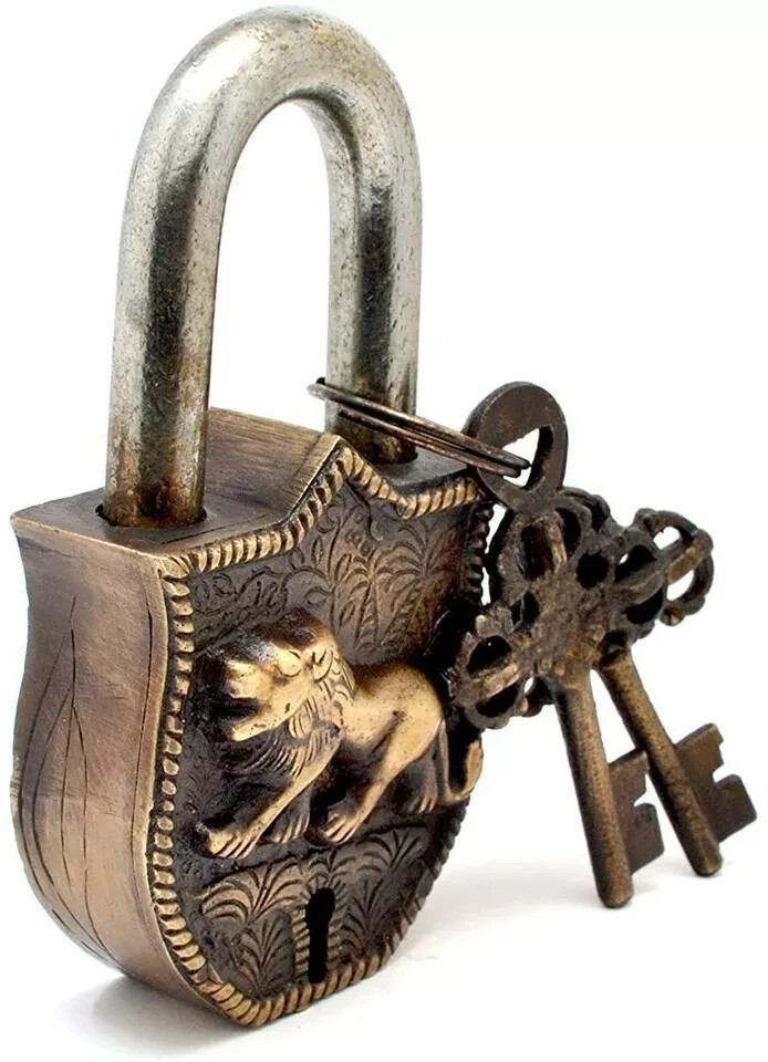 Brass Padlock Tiger Engraved Design Fully Functional Brass Lock with 2 Keys