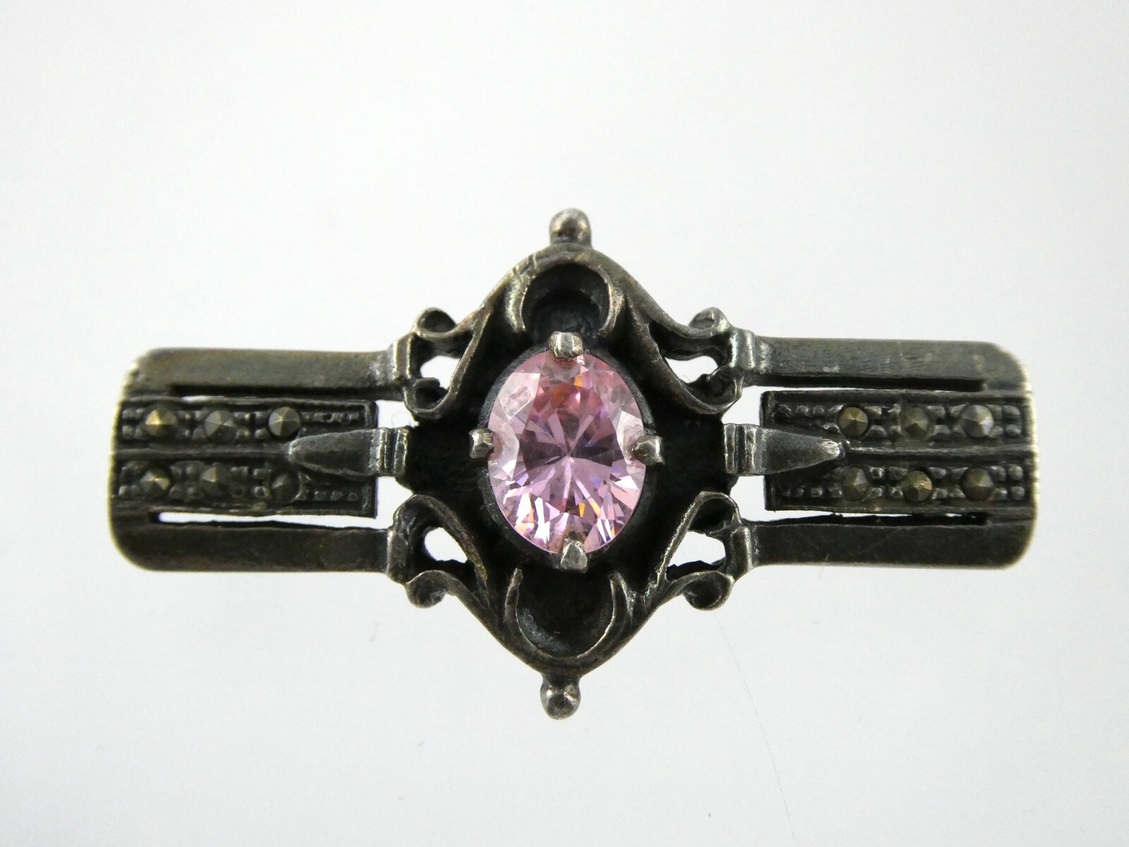 Sterling Silver Pink CZ and Marcasite Studded Bar Brooch Pin 925 6.7g 1.5 Inches