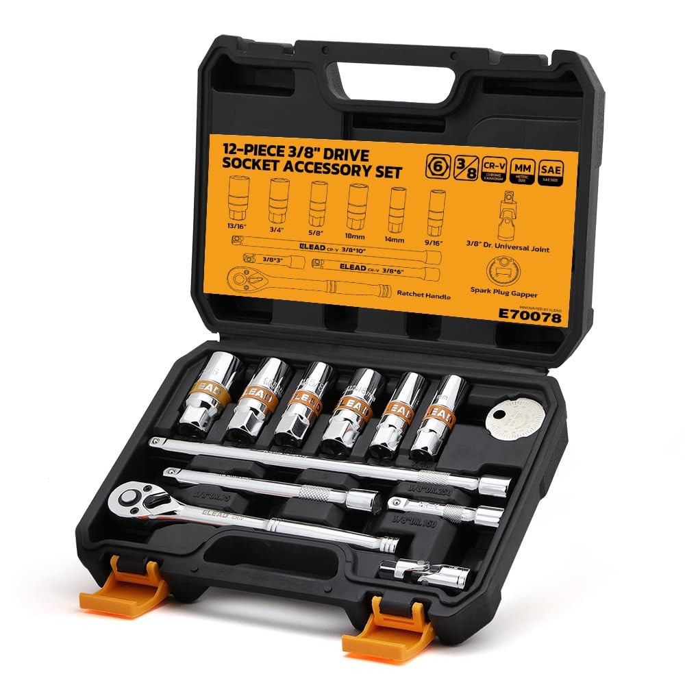 12-Piece 3/8" Drive Spark Plug Socket Set with Ratchet Handle, Universal Join...