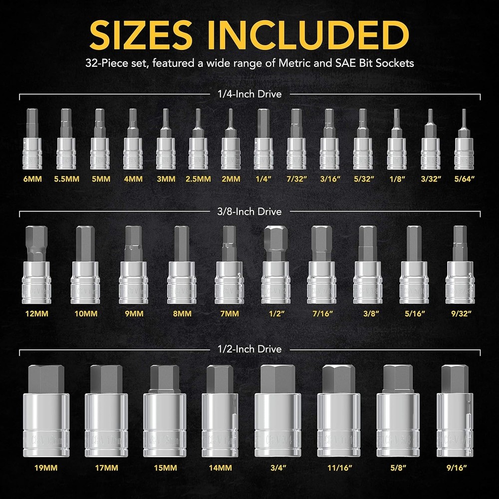 Master HEX Bit Socket Set, S2 Alloy Steel | Complete 32-Piece, SAE and Metri...