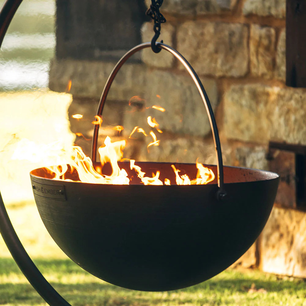 Ash & Ember 42" Cast Iron Cauldron Fire Pit Bowl with Double Hinged Grate