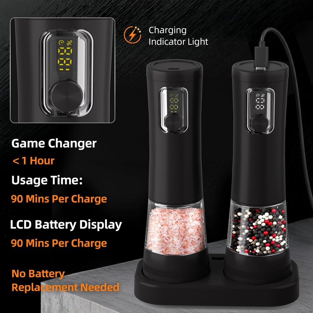 2 Pack Salt and Pepper Grinder Set, Rechargeable Automatic Pepper Mill with B...