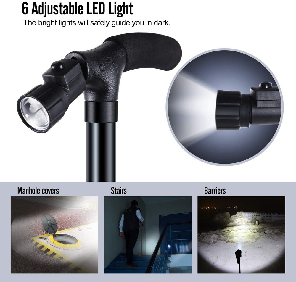 Folding LED Walking Stick Cane All-Terrain Pivoting Base Adjustable Black