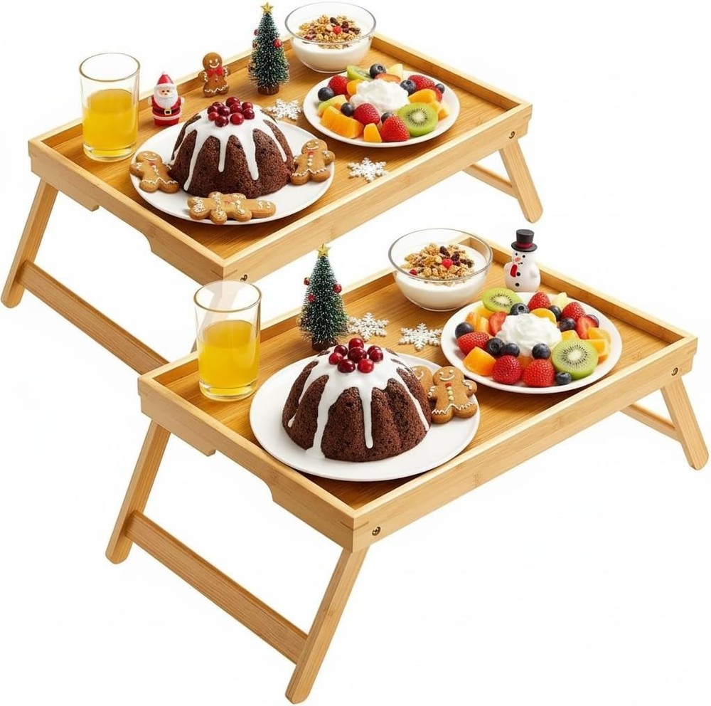 Elegant Bamboo Breakfast Tray Set - Foldable Serving Trays for All Ages