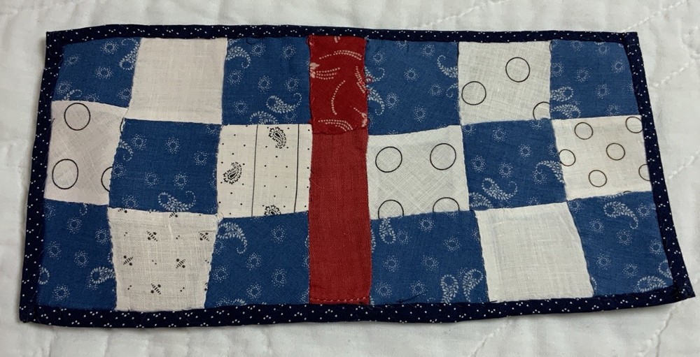 Antique Vintage Patchwork Quilt Table Topper, Nine Patch, Rectangle, Blue & Red