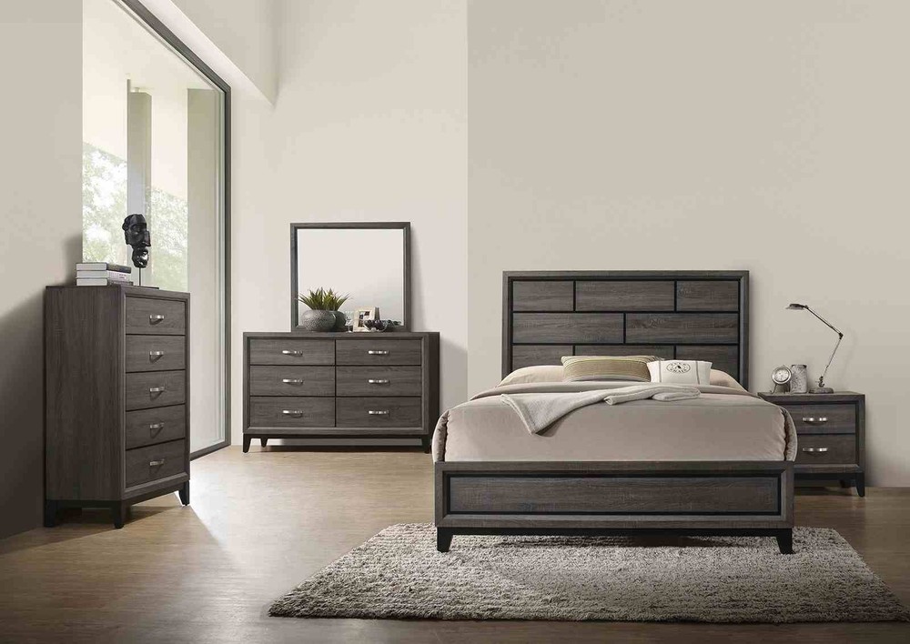 Contemporary Style Full Size 6pc Bed Set Panel Headboard Two Tone Design Gray