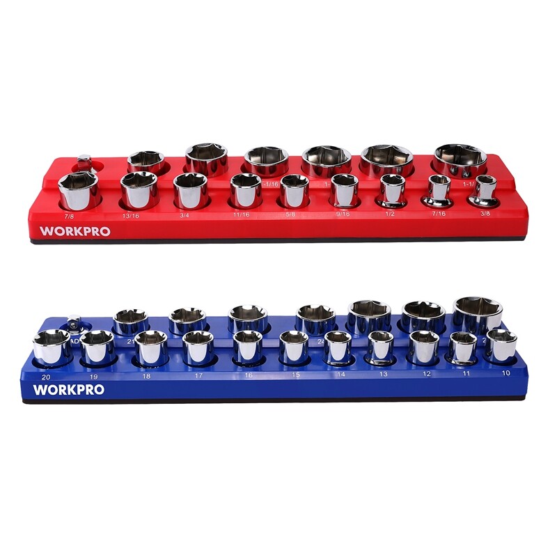 WORKPRO 2PC 1/2" Magnetic SAE Metric Socket Organizer Set Socket Holder Cart Set