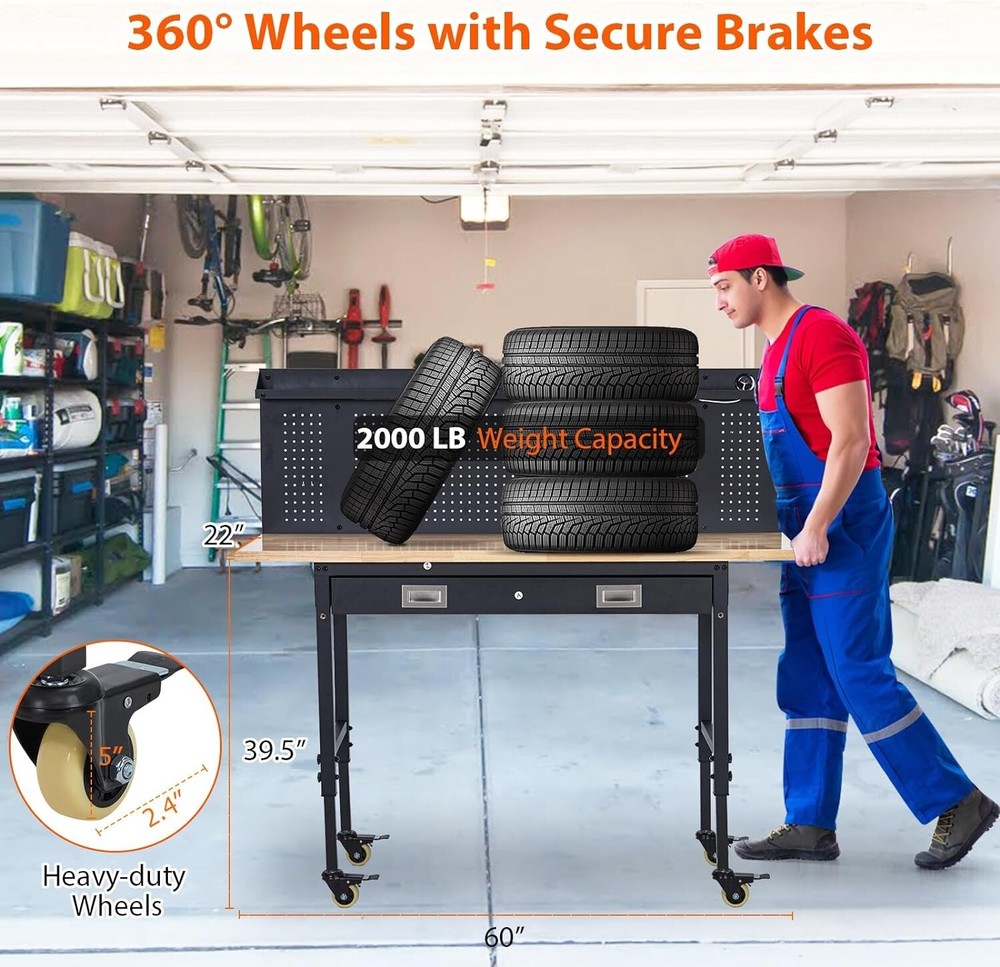 60" Adjustable Height Workbench 2000 LB Workstation W/ Drawer Storage & Pegboard