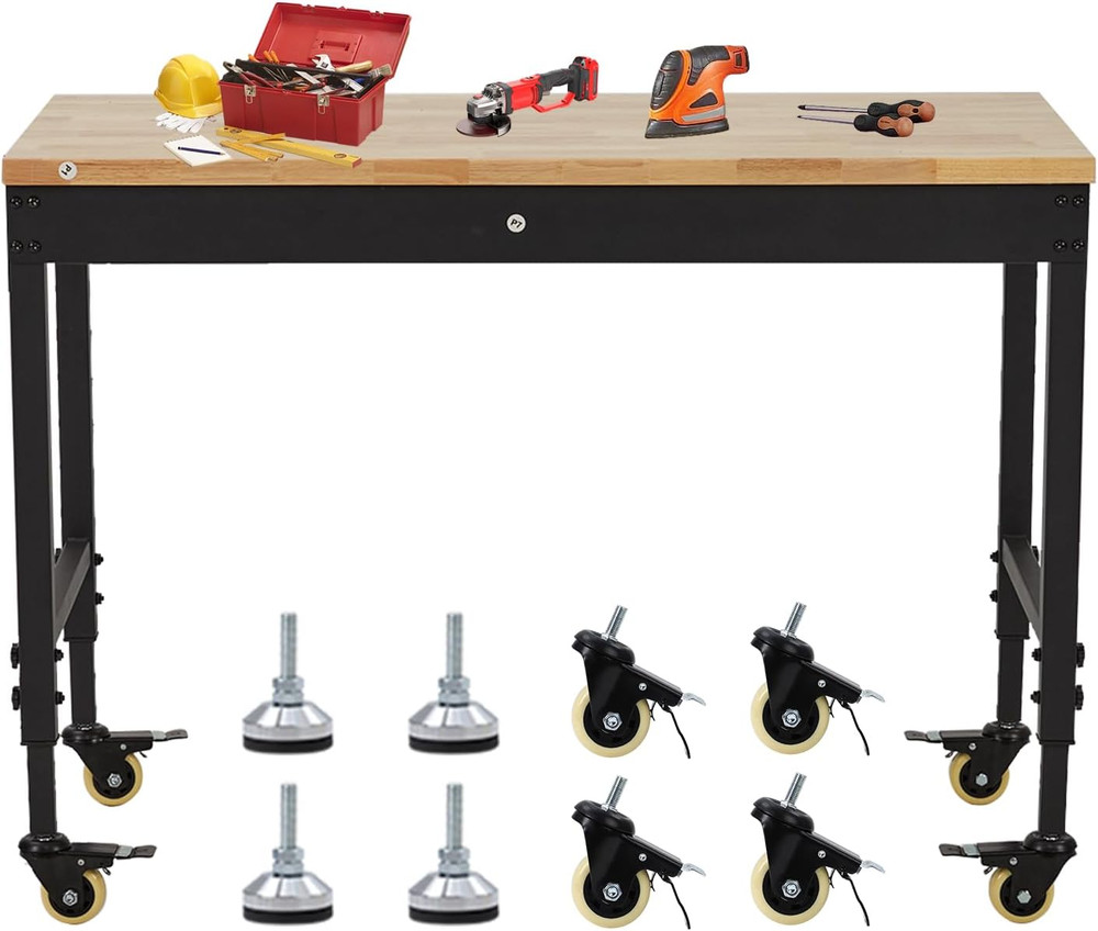 48" Workbench for Garage Workbench, Rubber Wood Top Heavy-Duty Worktable Adjusta