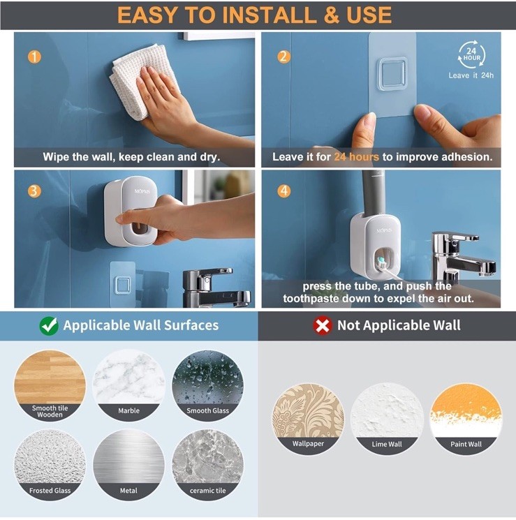 MOPMS Toothpaste Dispenser Wall Mounted for Bathroom Automatic Gray