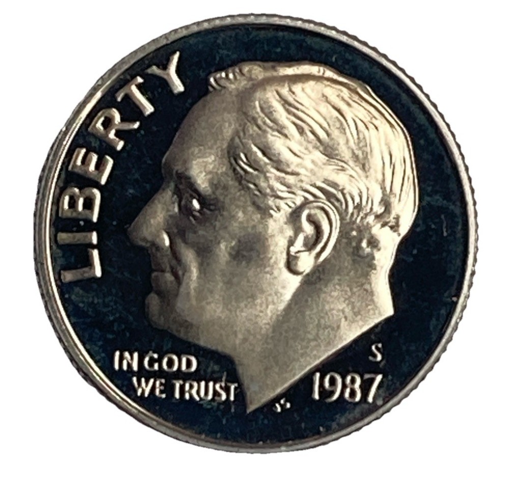 1987-S UNC Proof Type Roosevelt 10 Cent Coin.