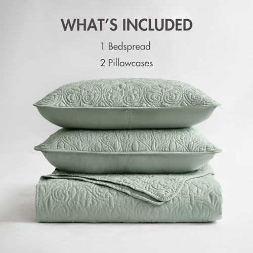 Quebec Reversible Quilt Set Damask Design, Double Sided Stitching Full Seafoam