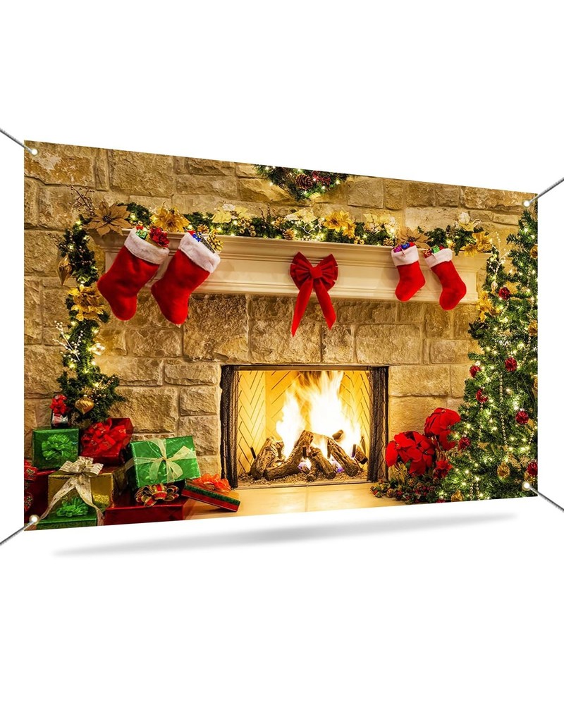 Mocsicka Christmas Fireplace Backdrop 7x5ft, Red, Polyester Red