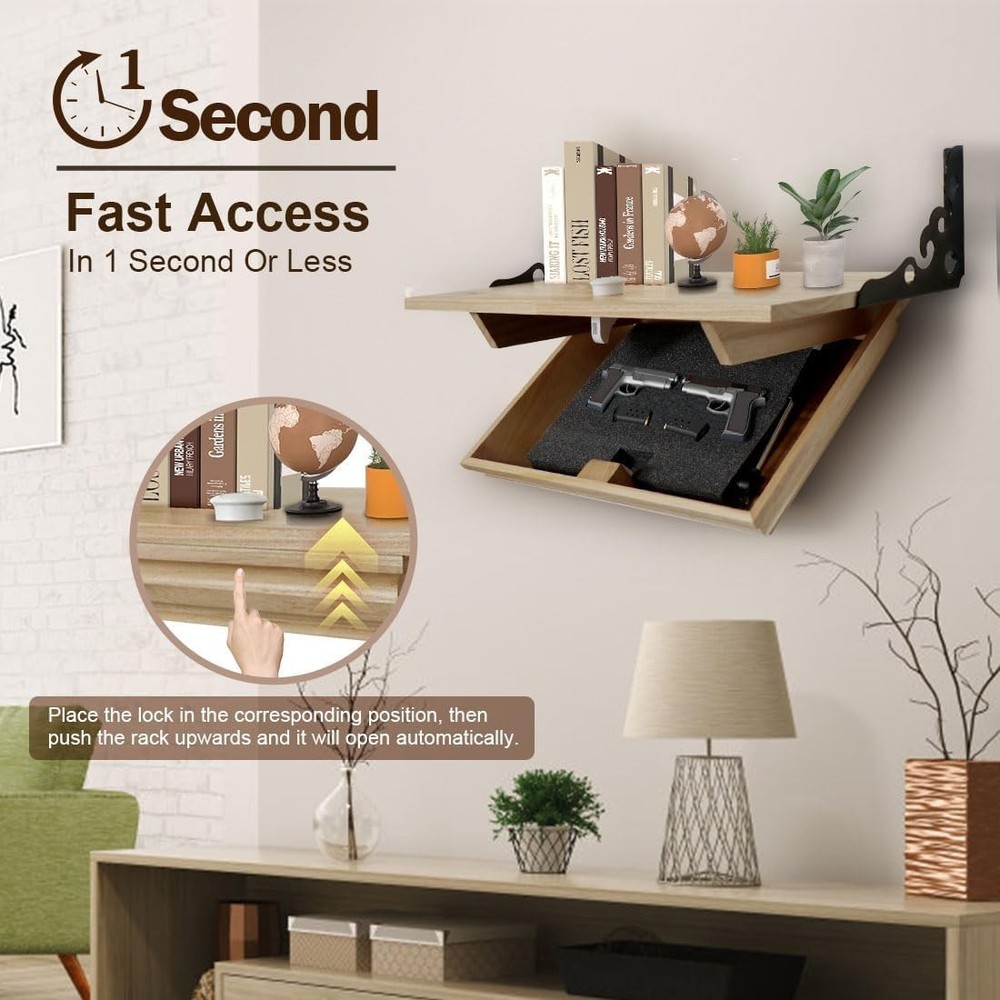 Hidden Gun Shelf Wall Mounted Locking Storage Solid Wood Secret Compartment
