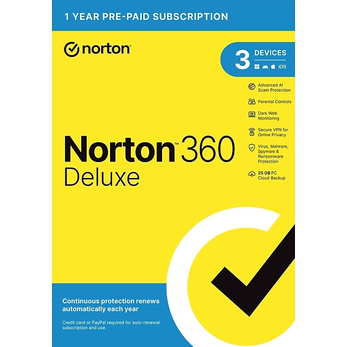 Norton 360 Deluxe Antivirus Internet Security for 3 Device 12 Months 2026 Retail