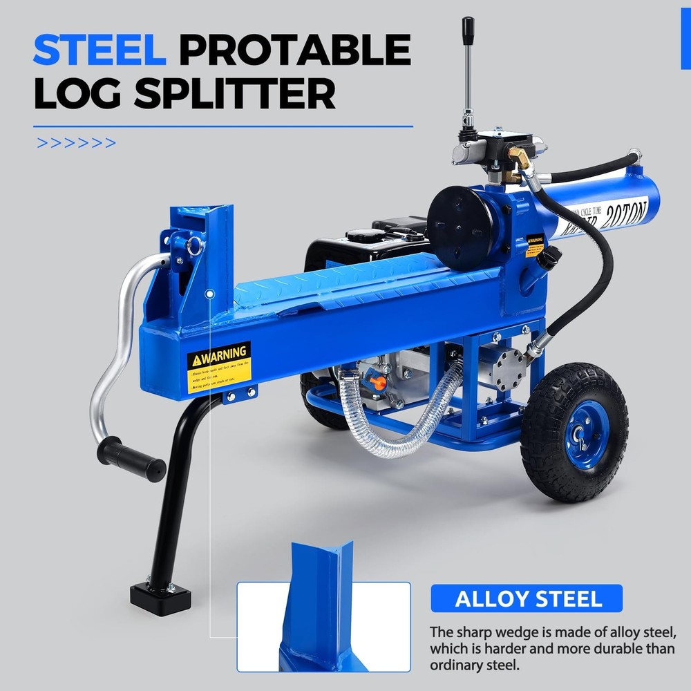 Efurden Log Splitter Portable Gas Engine 20 Ton Auto Return Ram System 7HP