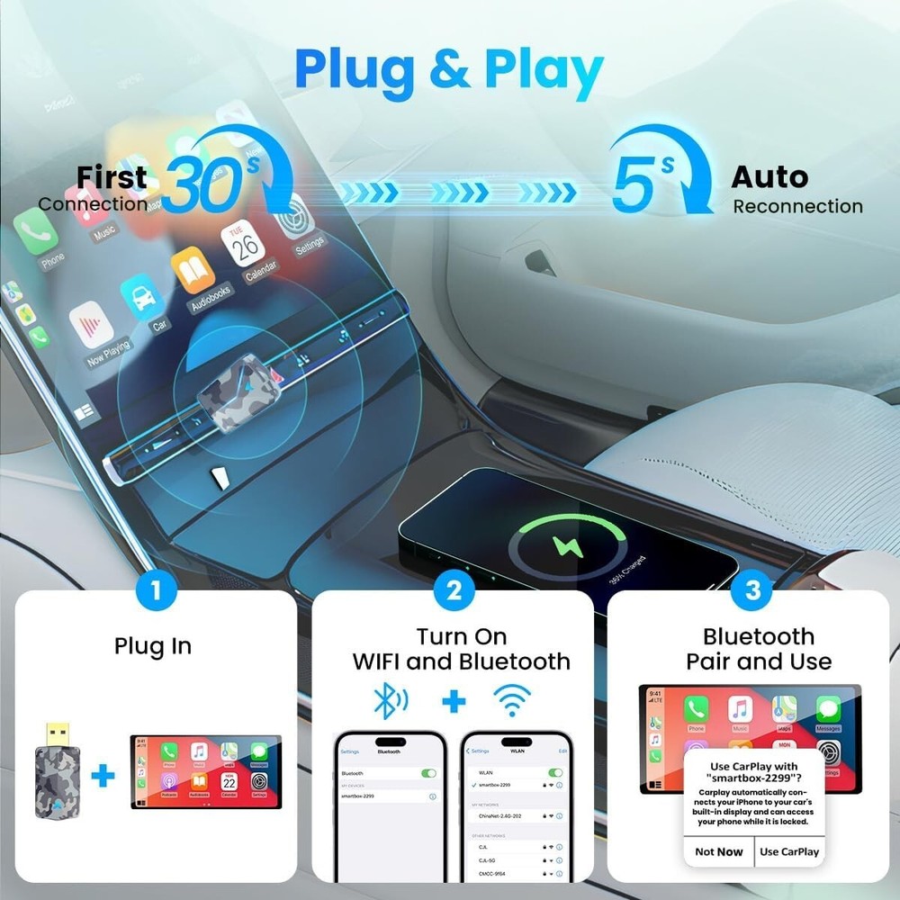 2 in 1 Mini Android Auto & Carplay Wireless Adapter with Fast Stable Connection,
