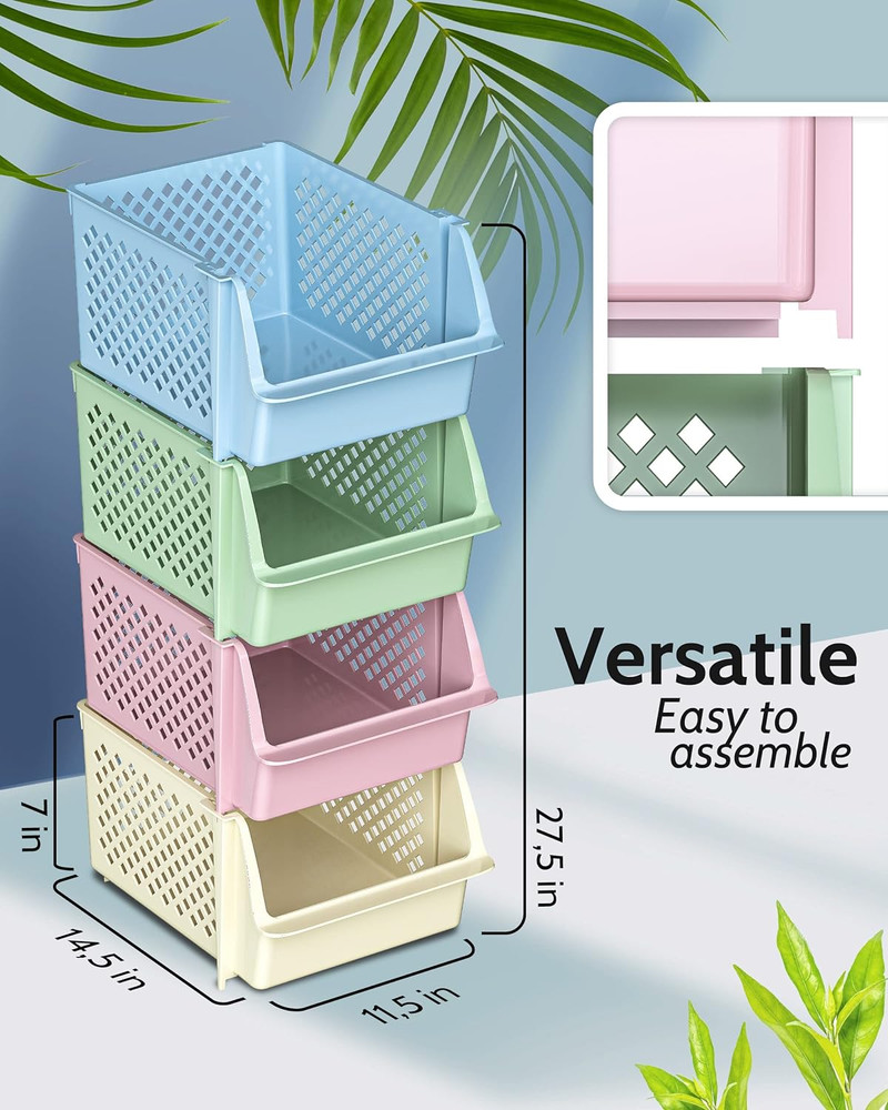 Tidyfriend Stackable Storage Bins for Pantry, 4 Pack Stackable Bins for Organizi