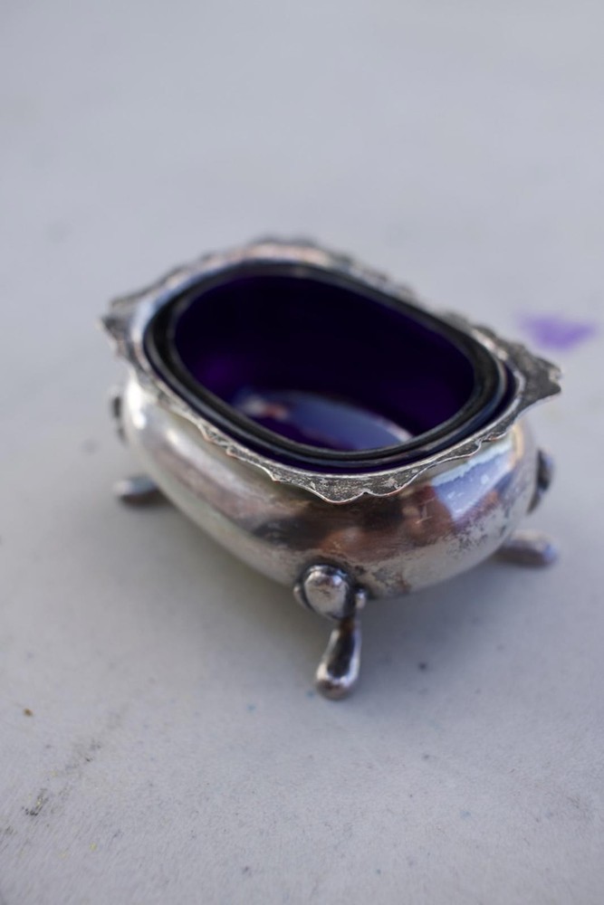 Vintage Silver Footed Salt Cellar with Purple Glass Insert
