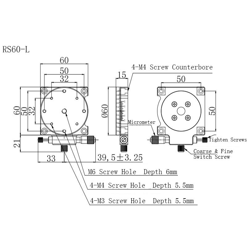 R Axis 60*60mm Manual Displacement Platform Micrometer Rotating Sliding Table