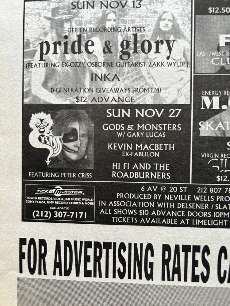 KISS Concert Ad Advert PETER CRISS Nov 27 1994 Limelight Vintage Kiss A