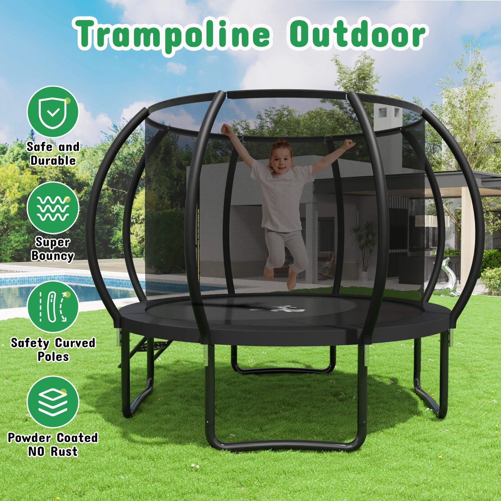 10 FT/12 FT/14FT/16 FT Outdoor Trampoline with Safety Enclosure Net and Ladder