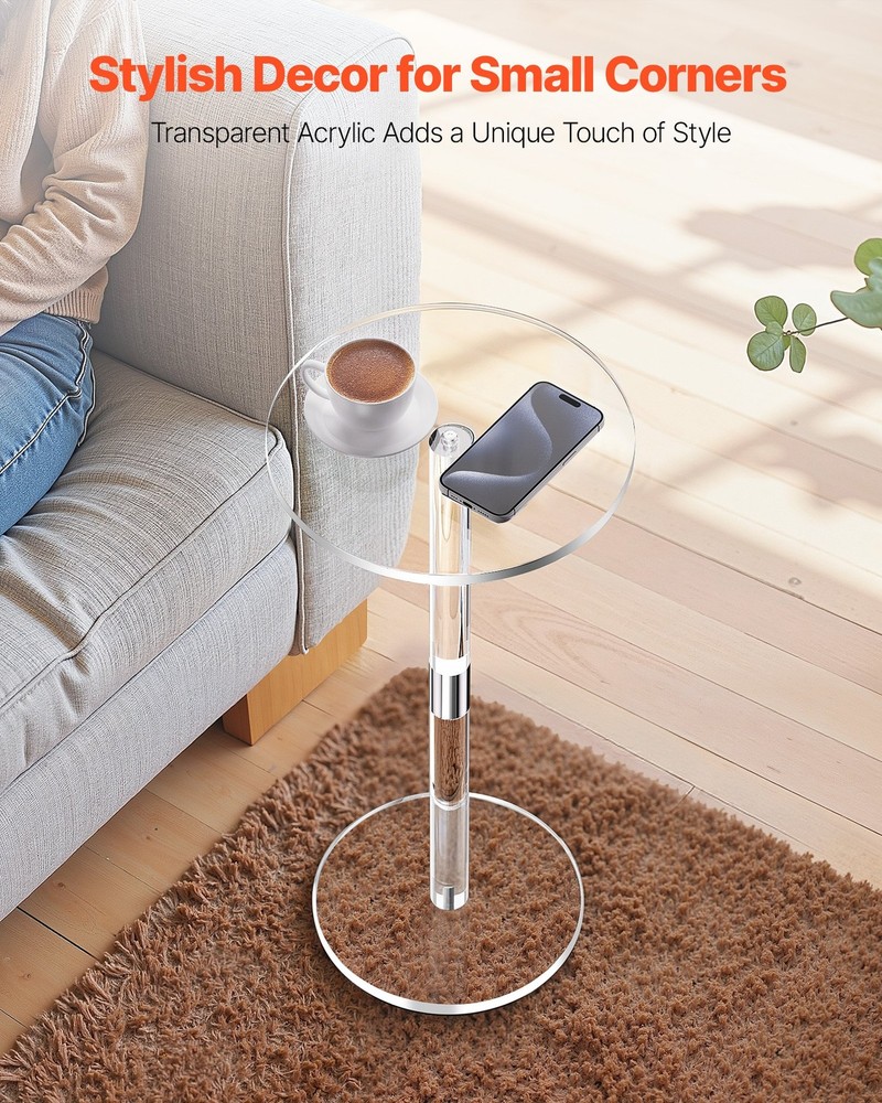 Acrylic Drink Table, Clear End Table Round Top with Solid Post, Modern Acrylic C