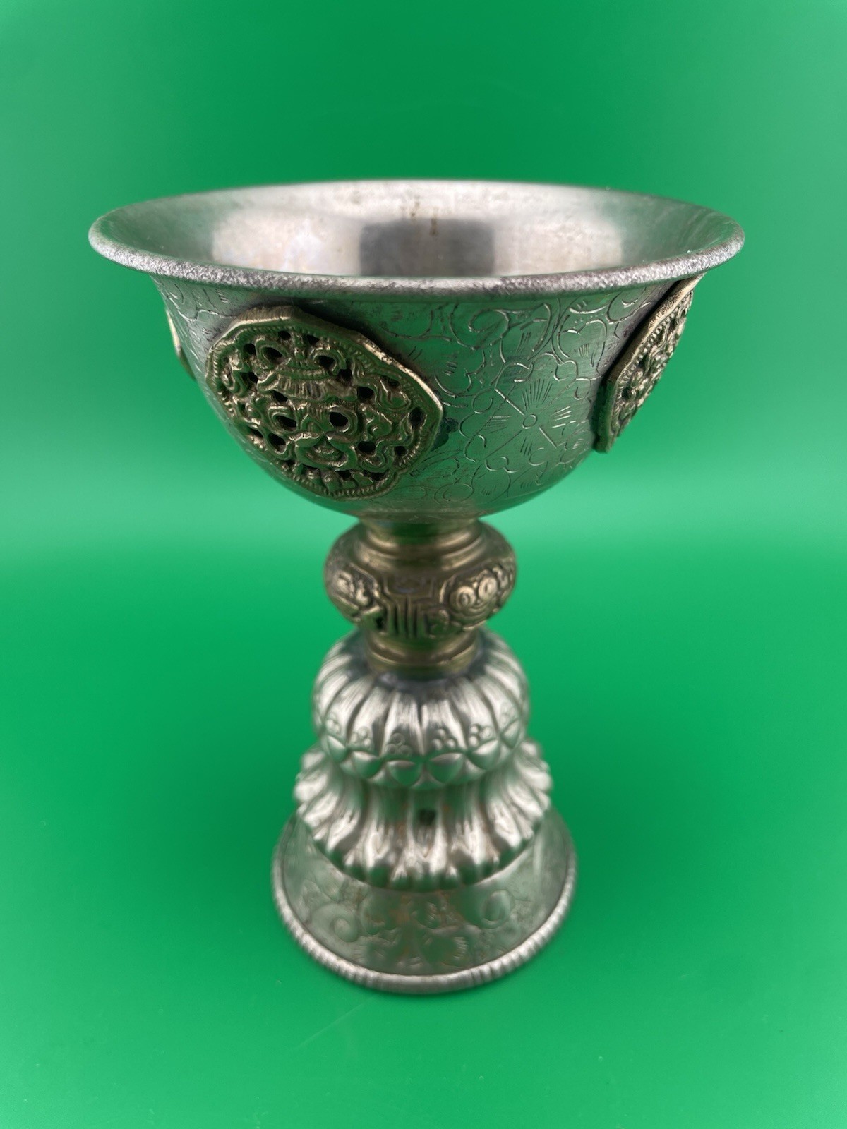 Vintage Tibetan Buddhist Butter Oil Alter Lamp Ornate Repousse Etched Designs