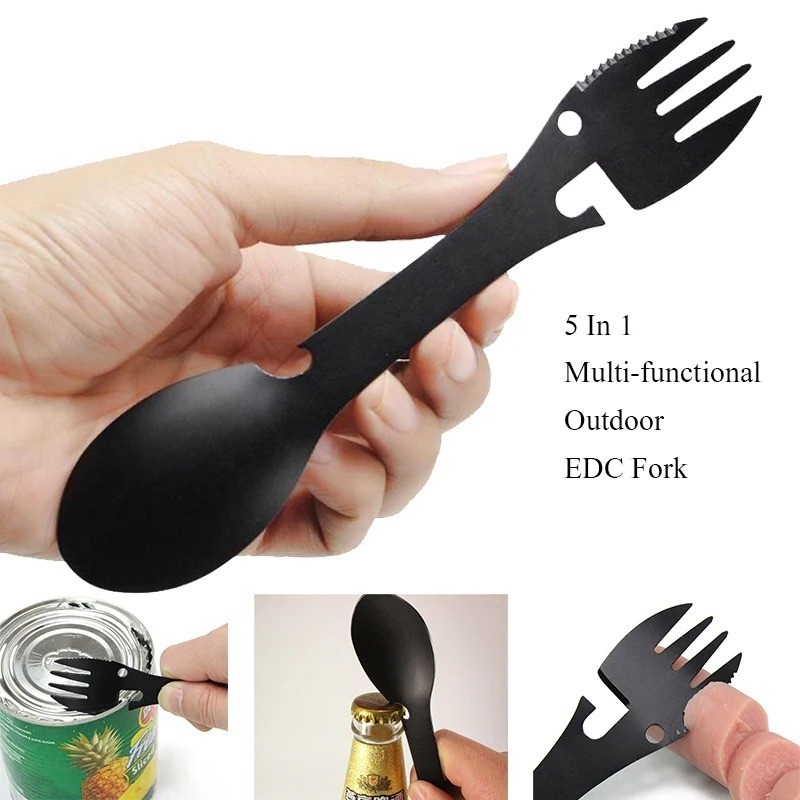 5-in-1 Camping Spork Fork Spoon Knife Bottle Can Opener Stainless Steel EDC Tool