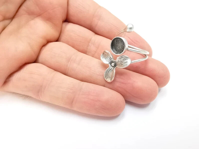 Flower Ring Setting Blank Cabochon Mounting Adjustable Ring Base Bezel