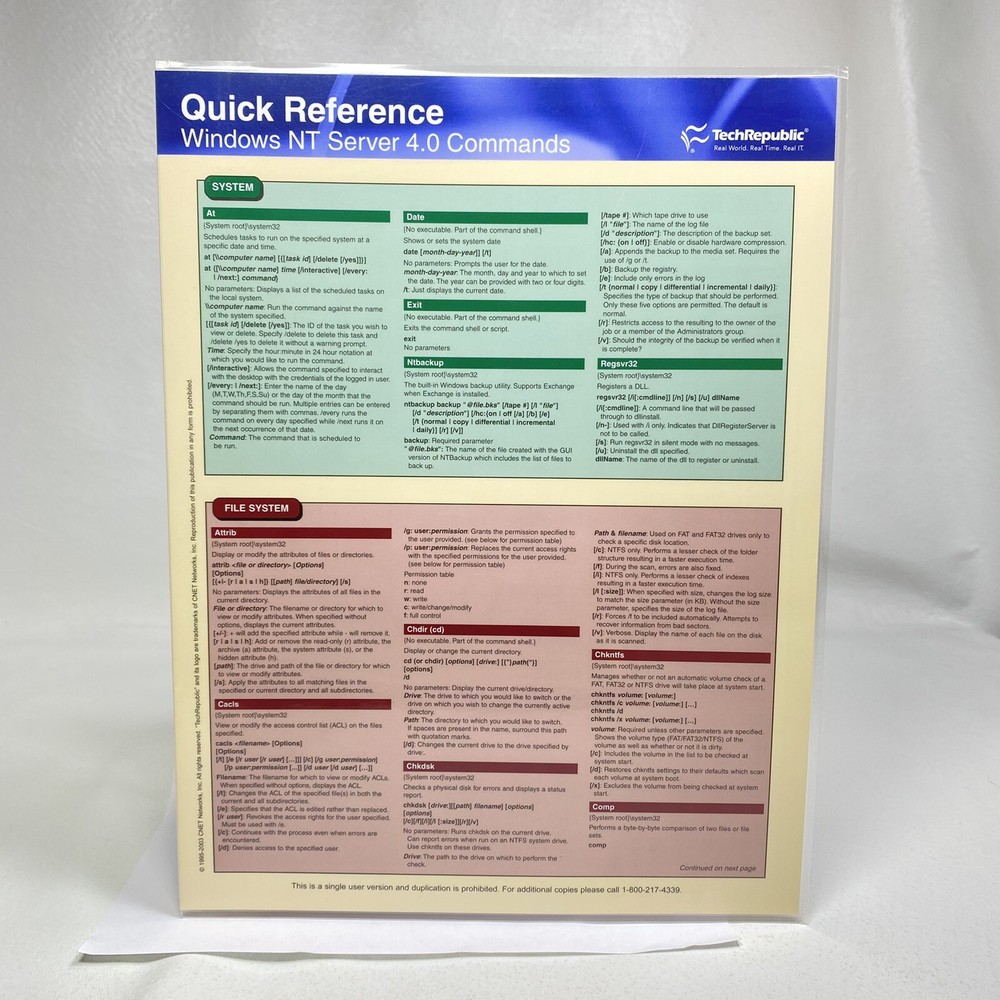 TechRepublic Win Server NT/2003 Quick Reference Commands PC Troubleshooter Guide