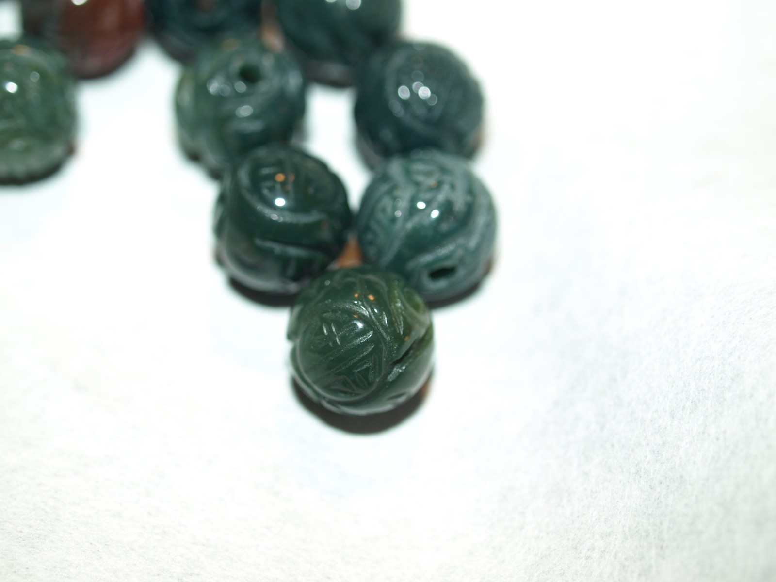 One Vintage Carved Chinese Bead Green Bloodstone Stone Round w/ Shou Design 10mm