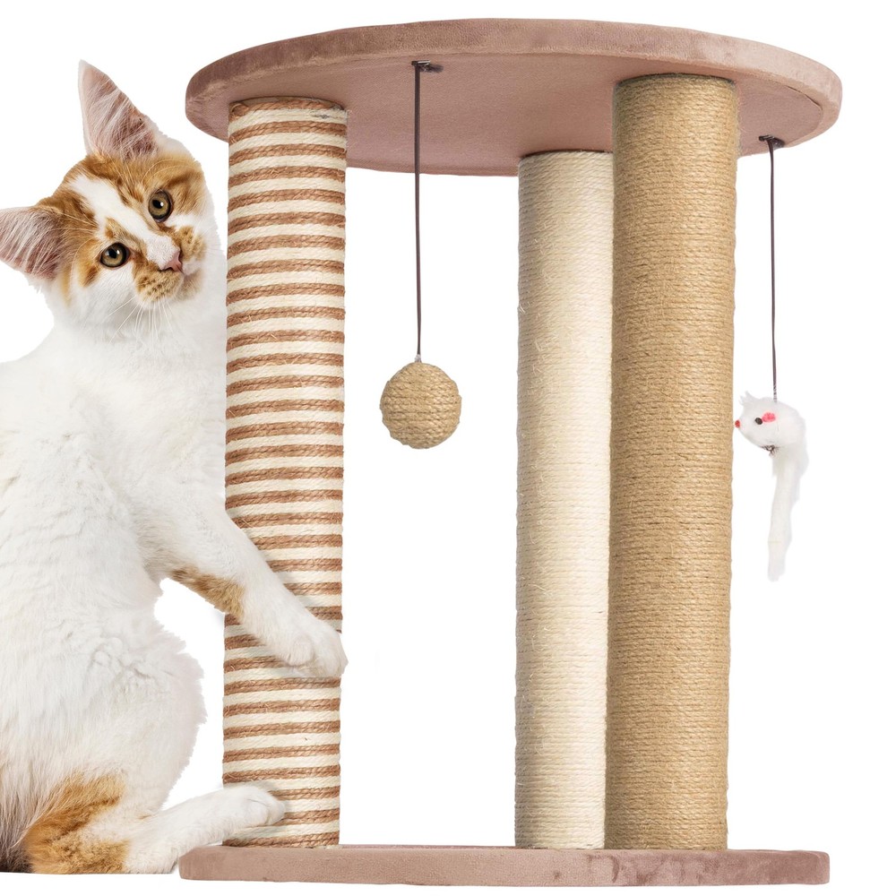 Cat Scratching Post - 3 Scratcher Posts with Carpeted Base Play Area and Perch