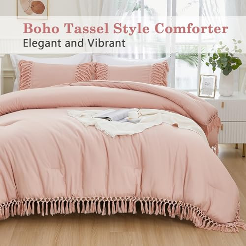 Pink Full Size Comforter Set, 3 Pieces Boho Tassel Lightweight Soft Bedding